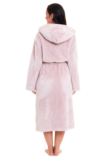 Women's Pink Snuggle Fleece Touch Hooded Robe Luxurious Soft Loungewear Cosy Durable Dressing Gown UK Sizes 8-22 by Daisy Dreamer