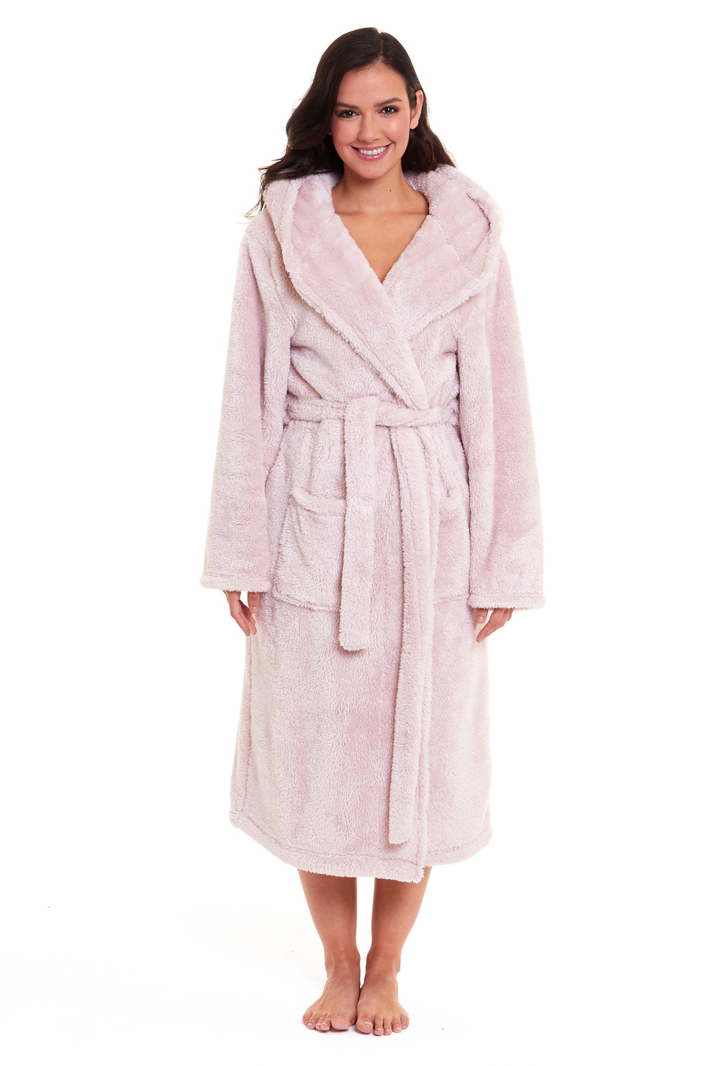 Women's Pink Snuggle Fleece Touch Hooded Robe Luxurious Soft Loungewear Cosy Durable Dressing Gown UK Sizes 8-22 by Daisy Dreamer