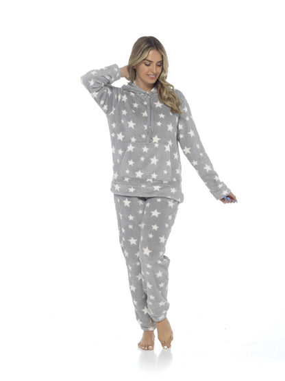 Women's Plush Fleece Hooded Pyjama Set Stars Design Soft Teddy Fabric Cosy Nightwear Loungewear Warm Comfortable Multiple Sizes by Daisy Dreamer