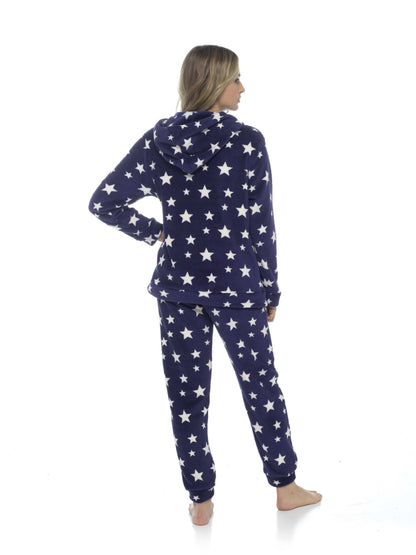 Women's Plush Fleece Hooded Pyjama Set Stars Design Soft Teddy Fabric Cosy Nightwear Loungewear Warm Comfortable Multiple Sizes by Daisy Dreamer