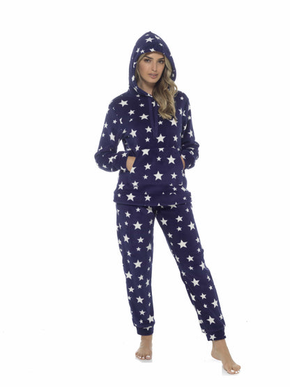 Women's Plush Fleece Hooded Pyjama Set Stars Design Soft Teddy Fabric Cosy Nightwear Loungewear Warm Comfortable Multiple Sizes by Daisy Dreamer