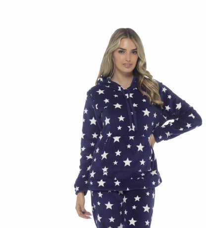 Women's Plush Fleece Hooded Pyjama Set Stars Design Soft Teddy Fabric Cosy Nightwear Loungewear Warm Comfortable Multiple Sizes by Daisy Dreamer