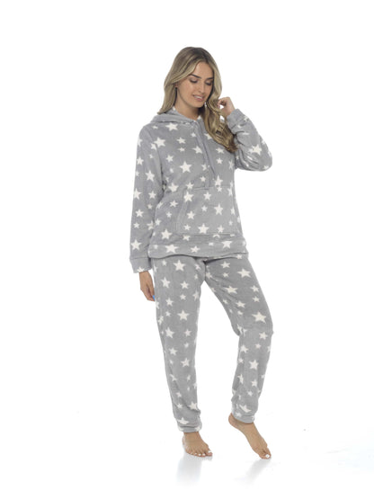 Women's Plush Fleece Hooded Pyjama Set Stars Design Soft Teddy Fabric Cosy Nightwear Loungewear Warm Comfortable Multiple Sizes by Daisy Dreamer