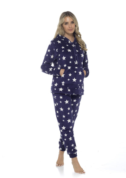 Women's Plush Fleece Hooded Pyjama Set Stars Design Soft Teddy Fabric Cosy Nightwear Loungewear Warm Comfortable Multiple Sizes by Daisy Dreamer