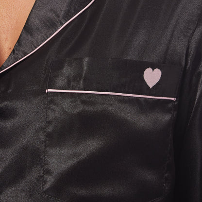 Women's Satin Silk Luxurious Pyjama Set with Dress Shirt Collar and Loose-Fitting Pants in Black Pink Grey by Daisy Dreamer