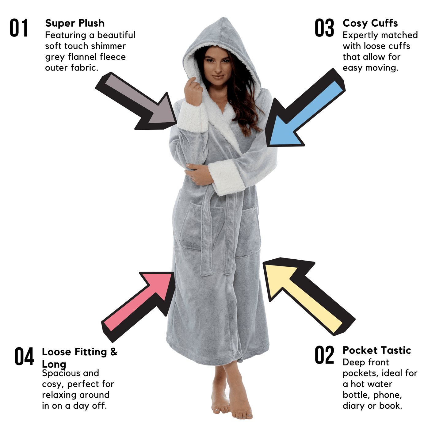 Women's Shimmer Fleece Hooded Bath Robe Soft Plush Luxurious Dressing Gown Perfect for Lounging and Cosy Nights in Shimmer Grey Multiple Sizes by Daisy Dreamer