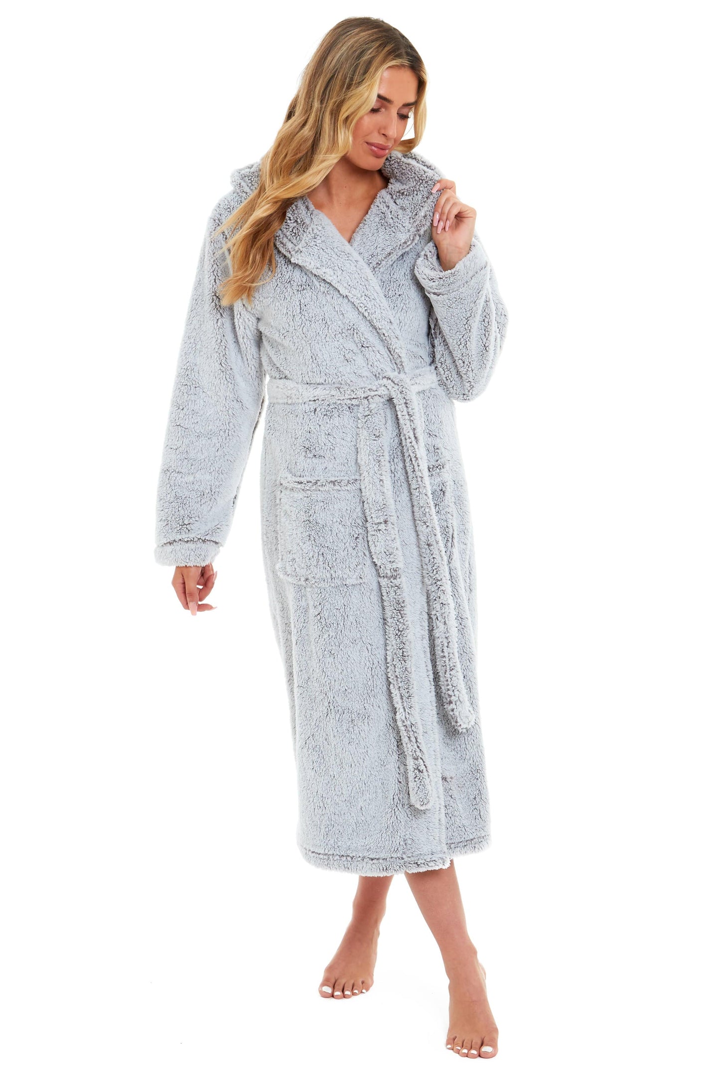 Women's Shimmer Grey Snuggle Fleece Touch Hooded Robe Luxurious Soft Loungewear Cosy Durable Dressing Gown UK Sizes 8-22 by Daisy Dreamer