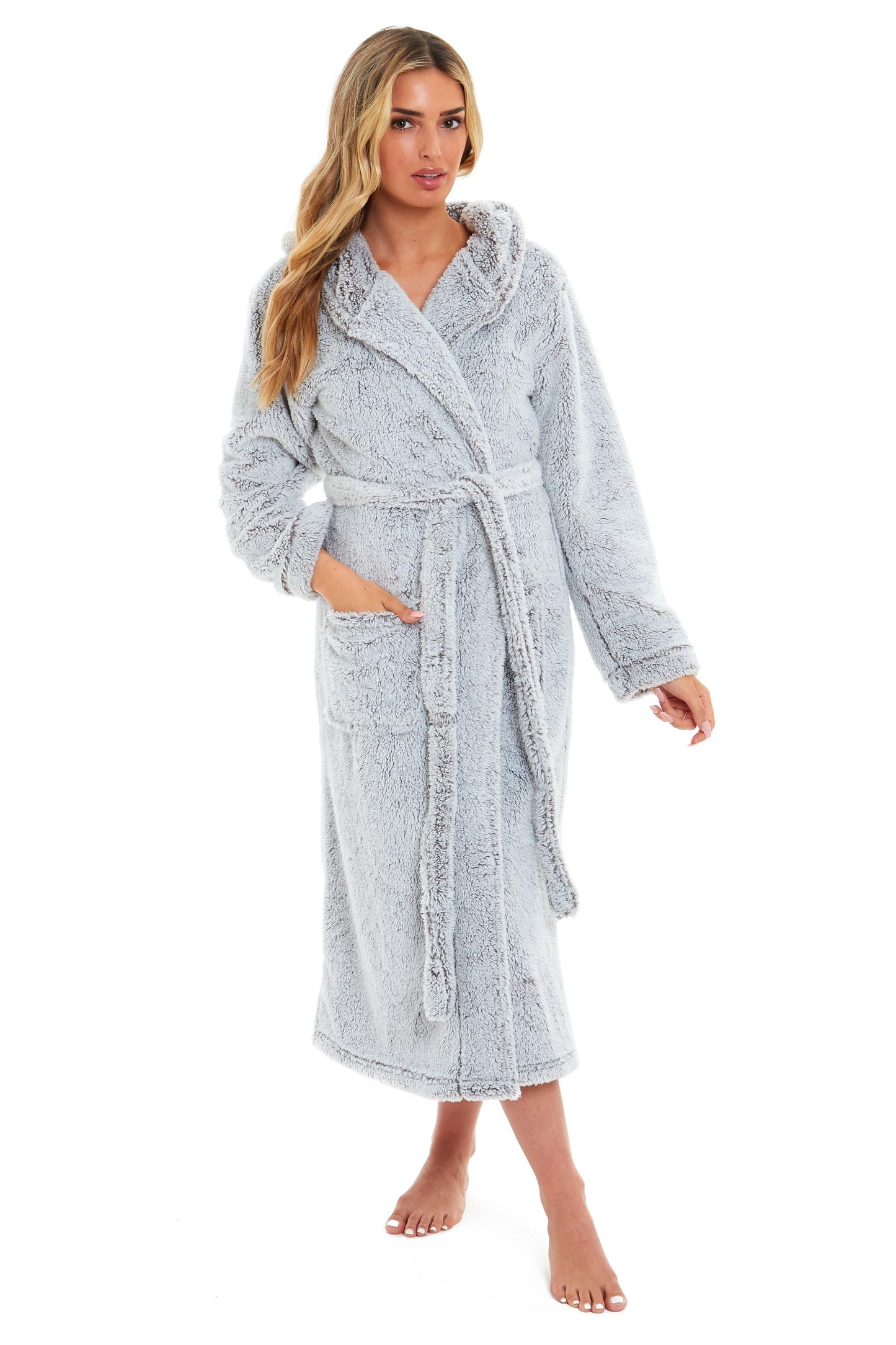 Women's Shimmer Grey Snuggle Fleece Touch Hooded Robe Luxurious Soft Loungewear Cosy Durable Dressing Gown UK Sizes 8-22 by Daisy Dreamer