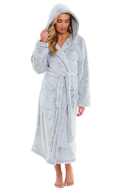 Women's Shimmer Grey Snuggle Fleece Touch Hooded Robe Luxurious Soft Loungewear Cosy Durable Dressing Gown UK Sizes 8-22 by Daisy Dreamer