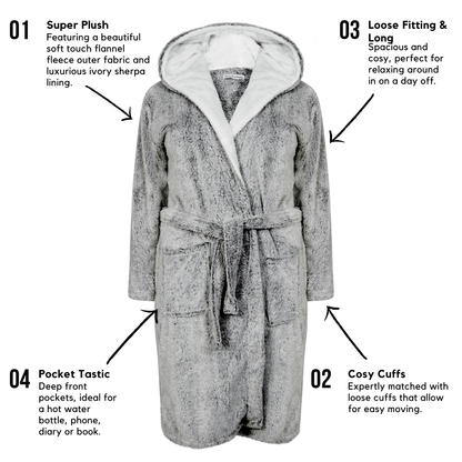 Women's Shimmer Grey Plush Fleece Hooded Robe with Ultra-Soft Sherpa Lining for Luxurious Loungewear and Nightwear by Daisy Dreamer