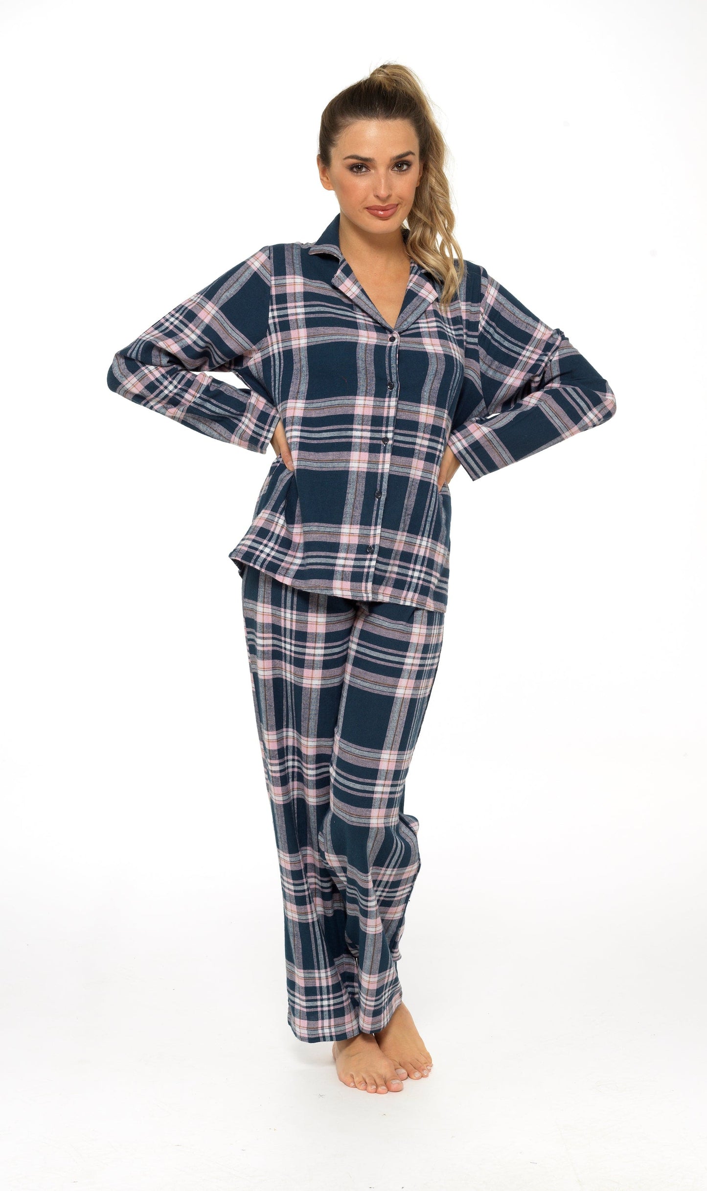 Women's Soft Cotton Flannelette Check Pyjama Set with Elasticated Waistband Cosy Warm Nightwear PJs Classic Check Pattern Sleepwear UK Sizes 8-22 by Daisy Dreamer