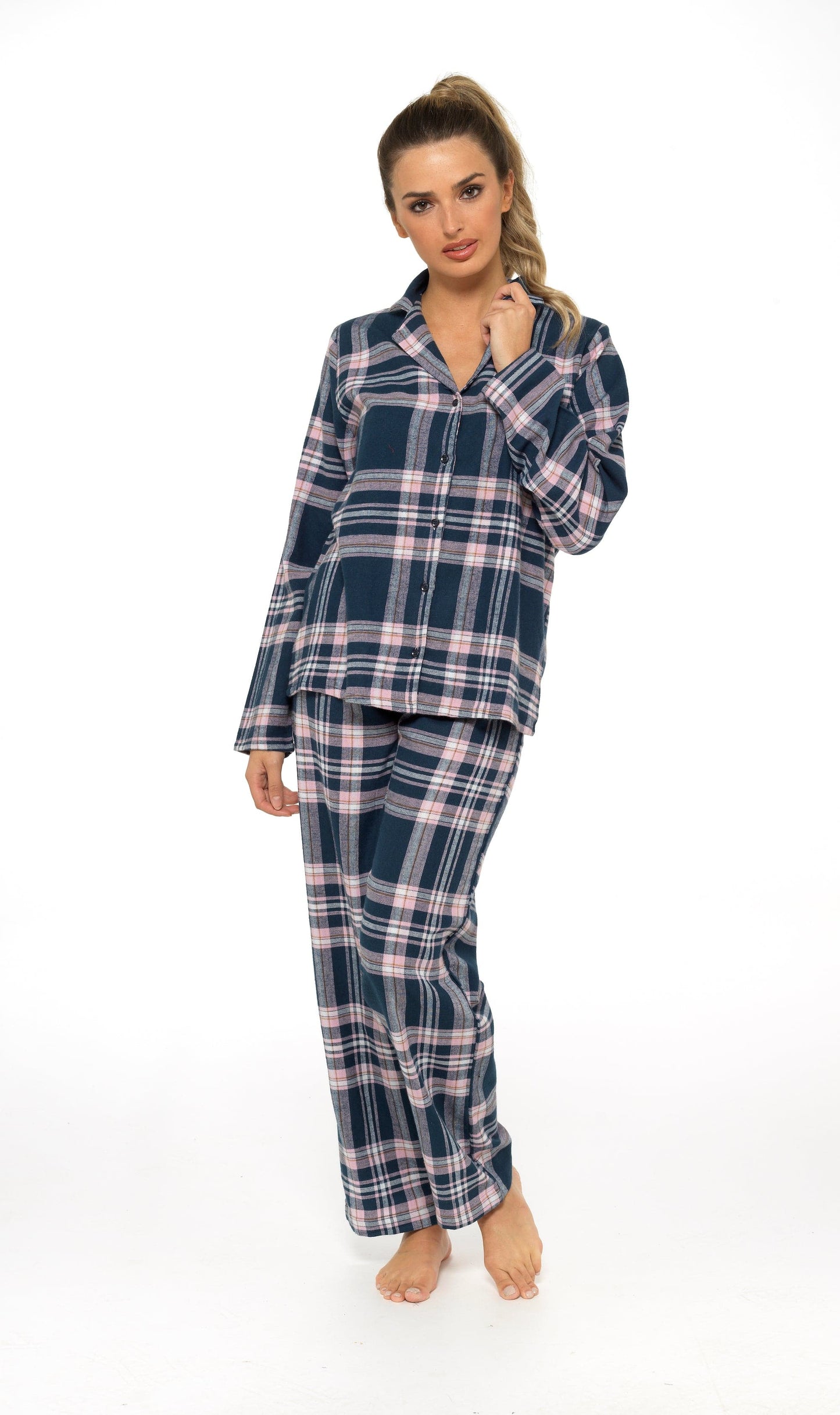 Women's Soft Cotton Flannelette Check Pyjama Set with Elasticated Waistband Cosy Warm Nightwear PJs Classic Check Pattern Sleepwear UK Sizes 8-22 by Daisy Dreamer