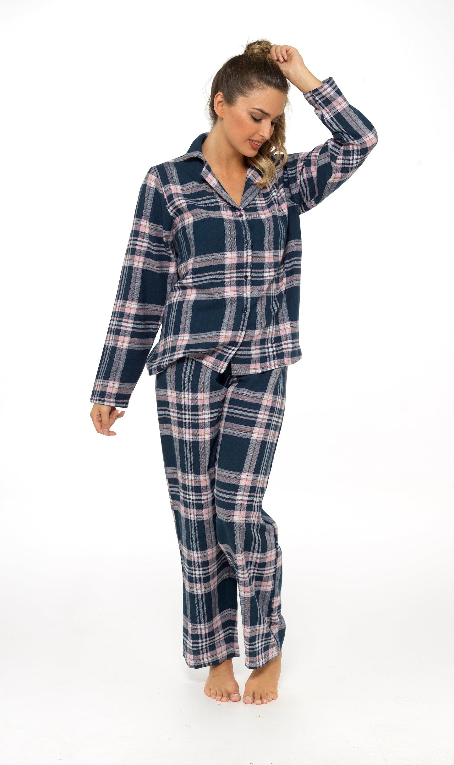 Women's Soft Cotton Flannelette Check Pyjama Set with Elasticated Waistband Cosy Warm Nightwear PJs Classic Check Pattern Sleepwear UK Sizes 8-22 by Daisy Dreamer