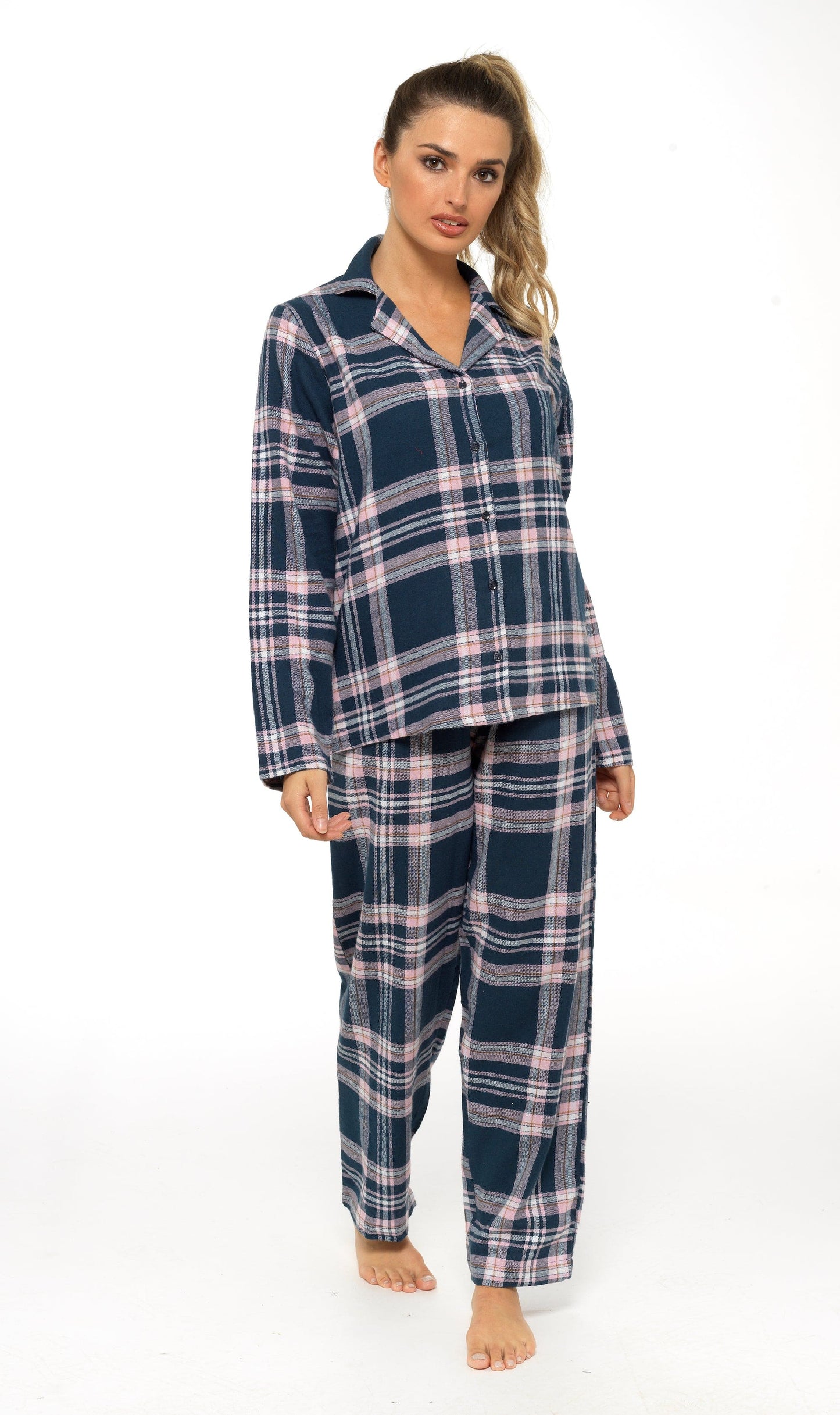 Women's Soft Cotton Flannelette Check Pyjama Set with Elasticated Waistband Cosy Warm Nightwear PJs Classic Check Pattern Sleepwear UK Sizes 8-22 by Daisy Dreamer