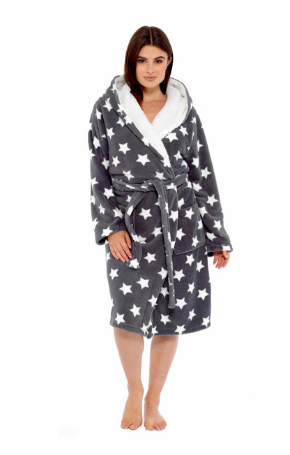 Women's Star Grey Hooded Plush Fleece Robe with Ultra Soft Sherpa Fur Lining and Stylish Star Pattern by Daisy Dreamer