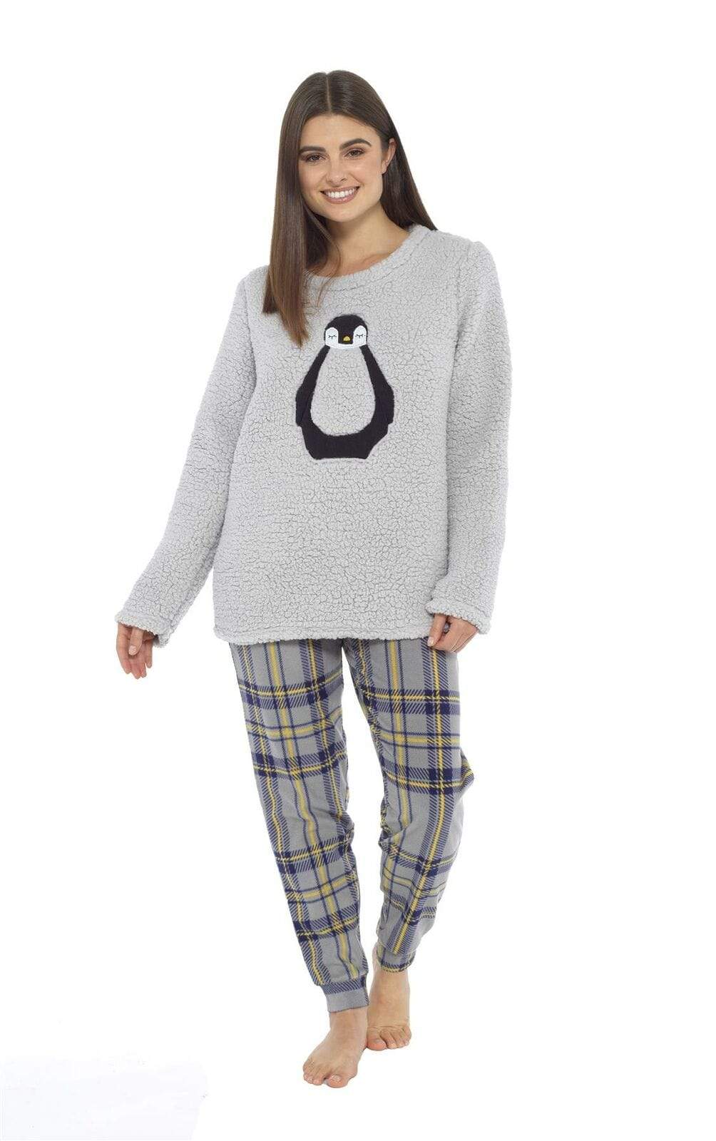 Women's Teddy Fleece Pyjama Set with Penguin Design Soft Cosy Nightwear Stylish Loungewear Warm Snuggle PJs with Contrasting Bottoms for Chilly Evenings by Daisy Dreamer