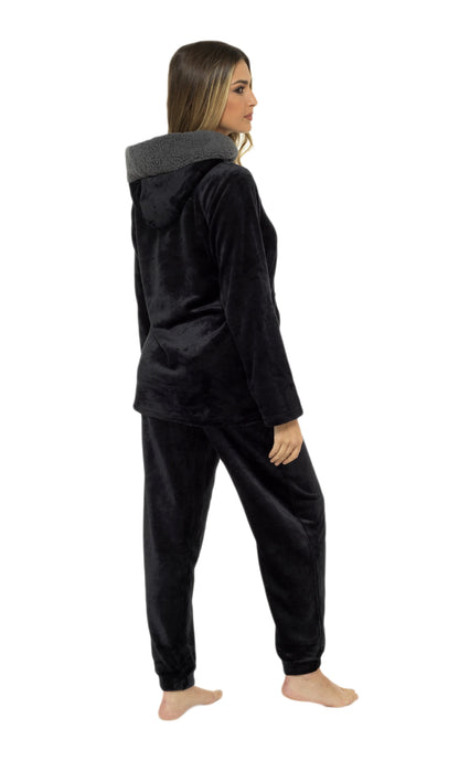 Women's Ultra-Soft Black Plush Fleece Hooded Pyjama Set with Sherpa Lining Cosy Durable Nightwear Sizes S to XL by Daisy Dreamer