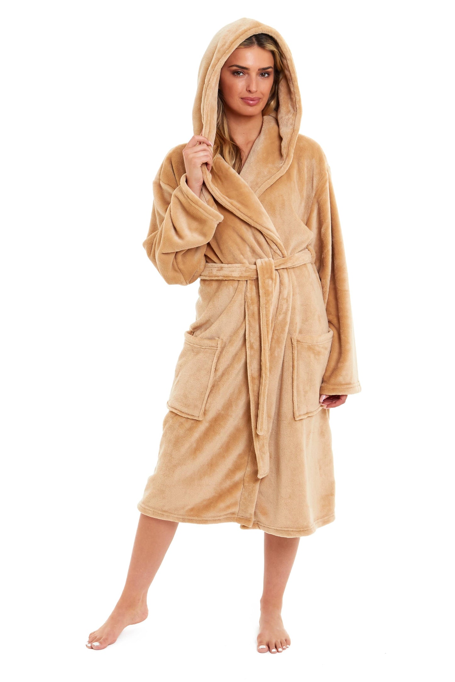 Women's Ultra-Soft Hooded Plush Fleece Dressing Gown Warm Velvet Bathrobe for Lounging and Relaxing in Winter by Daisy Dreamer